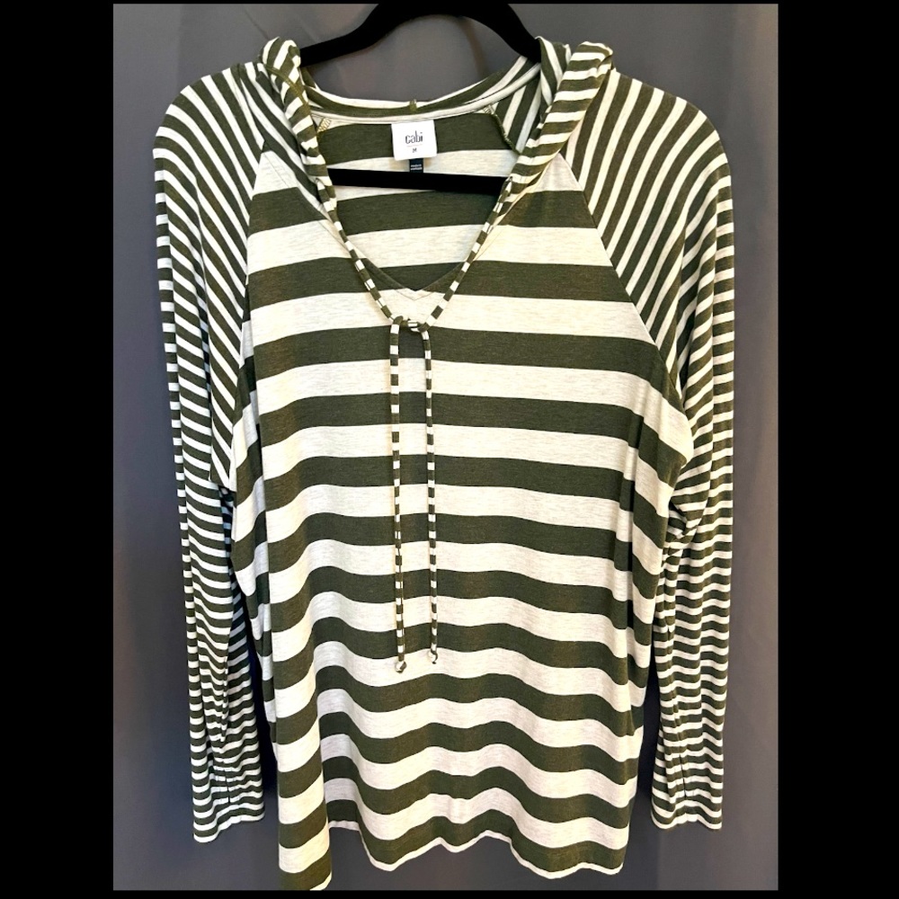 Cabi striped hoodie - cream and army green color